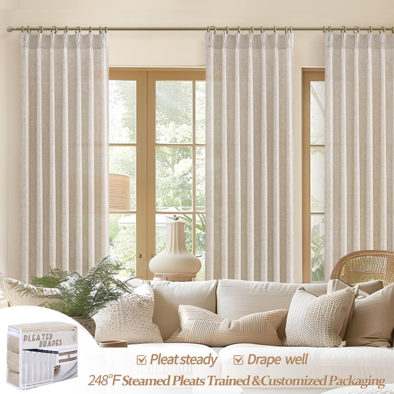 PleatedDrapes ستائر PleatedDrapes للديكور المورقة مقاس 105 بوصة لغرفة الطعام، ستارة شفافة من الكتان الطبيعي المزخرف باللون البيج البوهيمي مكونة من لوحتين مع خطافات وحلقات لغرفة النوم ستائر نافذة مقاس 104-106 بوصة (W40 xL105) - Image 5
